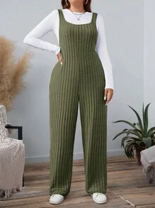 SHEIN LUNE Plus Size Women Solid Color Ribbed Jumpsuit, Autumn Holiday Outfit