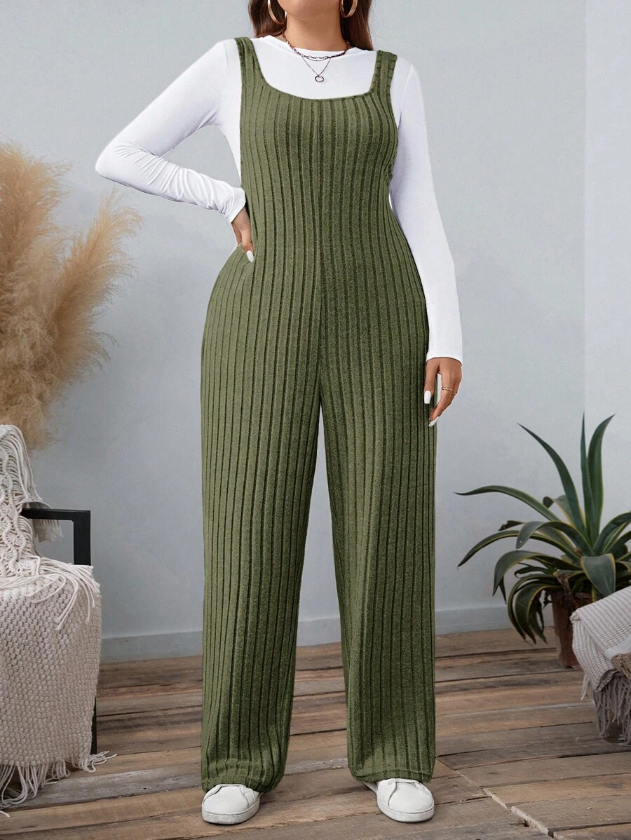 SHEIN LUNE Plus Size Women Solid Color Ribbed Jumpsuit, Autumn Holiday Outfit