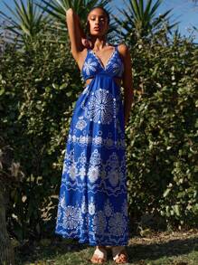 Travachic Women Casual Hollow-Out Wide Strap Long Dress - Blue - View 4