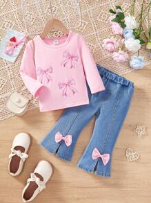 SHEIN 2 Pcs Baby Girl Spring/Autumn Cute Bow Print Long Sleeve Top And Ruffled Bow Decor Flared Jeans Pants Set - Baby Pink - View 1