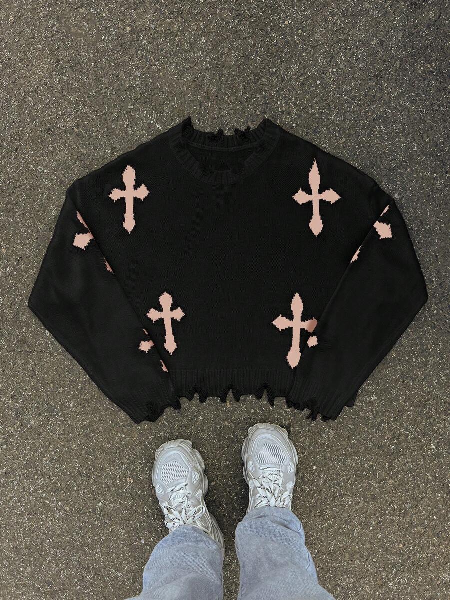 Manfinity UZERO เสื้อถักคอวี ใส่หลวม ลวดลายกราฟิก ไหล่ตก แขนสั้น สำหรับ ...