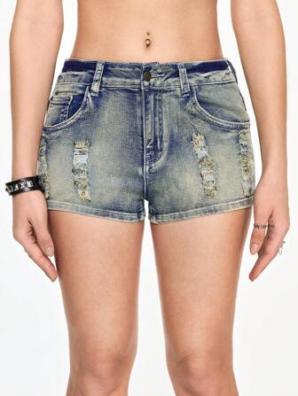 Grunge Punk Pantalones cortos de mezclilla punks desgarrados y desgastados en estilo Y2K para mujeres