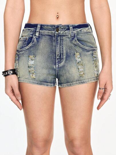 Grunge Punk Pantalones cortos de mezclilla punks desgarrados y desgastados en estilo Y2K para mujeres