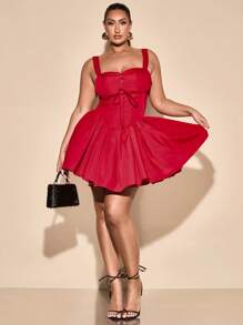 SHEIN BAE Plus Size Women's Spring/Summer Solid Red Sexy Elegant Square Collar Lace Splice Bodycon Bubble Hem Mini Dress, Suitable For Ball Gowns And Everyday Wear - Red - View 4