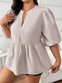 SHEIN Frenchy Top femme grande taille de couleur unie pour le printemps, petit col en V smock pull-over blouse - Nude - Voir 4