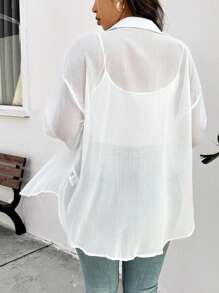 SHEIN Frenchy 大码女式白色雪纺衬衫，时尚宽松半透明休闲日常衬衫，2025 年春夏新品 - 米色 - 查看 2