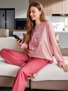 女士休闲字母印花睡衣套装 - 上衣和裤子