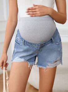 SHEIN Adjustable Waist Maternity Ripped Pocket Fringe Hem Denim Shorts - Medium Wash - View 1