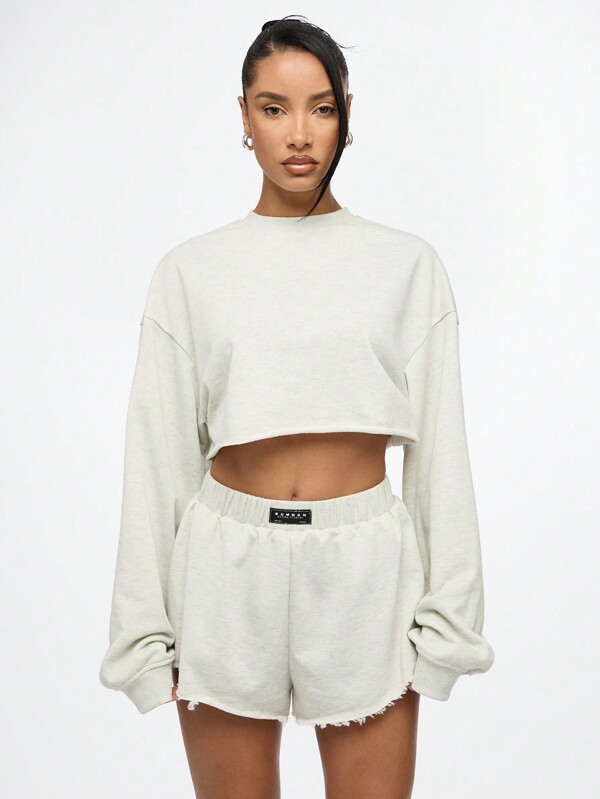 SUMWON WOMEN Lounge Fleece Set Oversized Raw Hem High Waist Sweatshirt Shorts Matching Casual Activewear Set