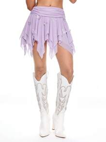 ROMWE 不对称薄纱 3D 蝴蝶结装饰女式半身裙