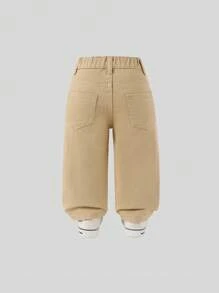 SHEIN 女婴不对称弹性腰部修身蝴蝶印花浅色直筒牛仔裤 - 卡其色 - 查看 2