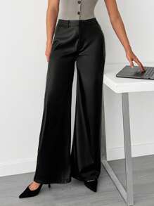 EURMUSE Woman Clasi Pu Leather Zipper Front Wide Leg Casual Pants Solid Color Loose - Black - View 5