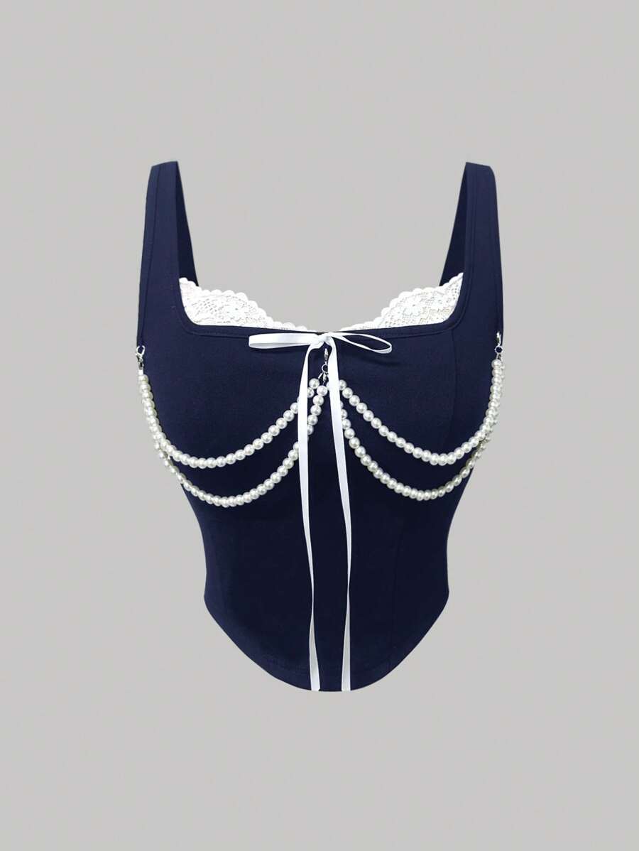 SHEIN MOD 女士拼色无袖休闲修身衬衫，适合休闲和度假 - 藏蓝色 - 查看 1