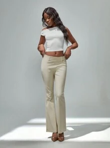 TRNVIE Women Spring/Summer Vintage Style Low Waist Fawn Color Metal Ring Buckle Elastic Comfortable Versatile Flare Pants Fall Cloth For Women - Apricot - View 1