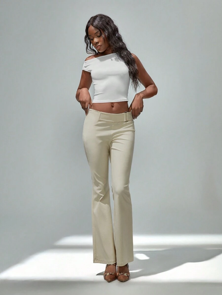 TRNVIE Women Spring/Summer Vintage Style Low Waist Fawn Color Metal Ring Buckle Elastic Comfortable Versatile Flare Pants Fall Cloth For Women - Apricot - View 1