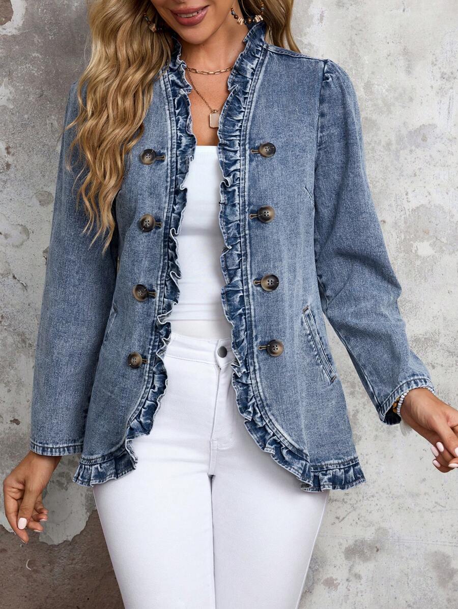 EMERY ROSE 女士长袖荷叶边双排扣牛仔外套，秋季 - 淺色水洗藍 - 查看 1