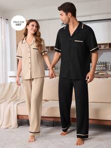 Men's Contrasting Edge Chest Pocket Solid Color Casual Turndown Collar Short Sleeve Pajama Set - Black - View 1