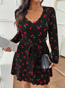 SHEIN Frenchy Plus Size Cherry Print Ruffle Collar Fitted Waist A-Line Dress - Black - View 6