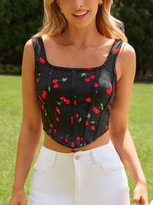 KARISMINA 夏季櫻桃印花針織短款背心，適合度假穿著 - 彩色 - 查看 3