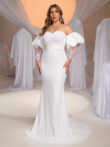 Glamrae Plus Size Elegant Romantic White Sweetheart Neck Puff Sleeve Luxury Sequin Patchwork Knitted Fabric Mermaid Hem With Train Wedding Dress - White - View 6