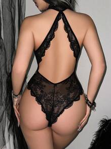 1 件女士迷人性感蕾丝插入连体裤 - 黑色 - 查看 2