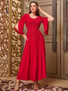 Modelyn Vestido de manga larga con decoración de tulipanes, cintura ceñida y cuentas, apto para fiestas, Ramadán y Eid Al-Fitr