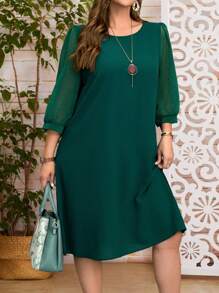 EMERY ROSE Plus Size Round Neck Long Sleeve Mesh Splicing Simple Short Dress Summer Outfits For Women - Dark Green - View 4