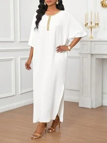 SHEIN Lady 金色织带领白色超长女式连衣裙