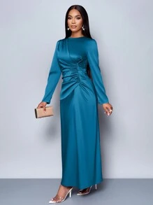 SOLERSUN Đầm ôm body bằng vải satin nhún bèo màu trơn thanh lịch dành cho nữ, thích hợp cho trang phục dự tiệc hẹn hò Maxi dành cho nữ - Màu xanh ngọc - Xem 3