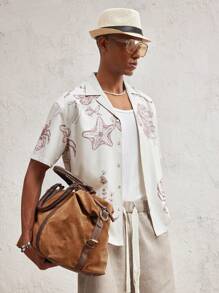 AKNOTIC Party Men's Woven Loose Batwing Pattern Graphic Tee, Suitable For Summer - Khaki - View 5