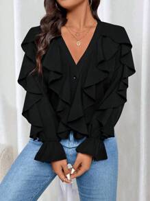 SHEIN Clasi Plus Size Women Elegant Solid Color Ruffle Collar And Cuff Casual Shirt, Autumn - Black - View 1