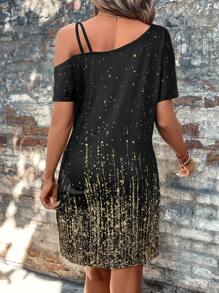 SHEIN LUNE Western Gold Glitter Print Open Shoulder Bodycon Mini Dress For Women - Black and Gold - View 2