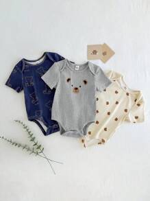 Cozy Pixies 3pcs/Set Newborn Baby Boy Panda Pattern Knitted Soft Crew Neck Short Sleeve Snap-Up Bodysuit - Light Grey - View 1