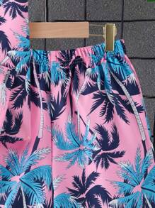 3 件套男童休闲夏季度假风格短袖纽扣衬衫、百慕大短裤和帽子套装 - 粉色 - 查看 5