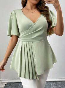SHEIN Unity Plus Size Women's Solid Color Ruffled Hem Short Sleeve Blouse - Green - View 4