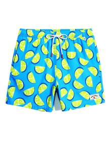 Surfspeed Men's Lemon Print Draw String Waist Beach Shorts, Summer Vacation/Pool - Green - View 5