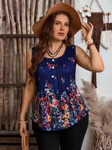 EMERY ROSE 大码女式节日花卉印花褶皱休闲吊带背心 - 彩色 - 查看 6