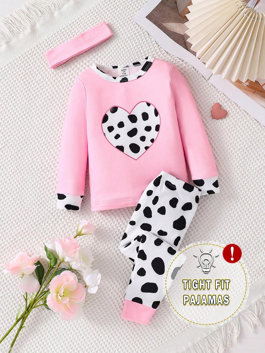 Set di abbigliamento confortevole per bambina composto da 3 pezzi: maglietta a maniche lunghe con stampe mucca e cuori, leggings e fascia per capelli