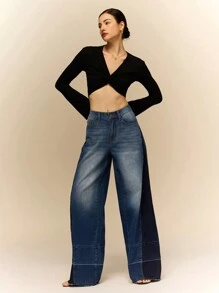 Poéselle Dames lage taille zakken wijde pijp losse casual jeans