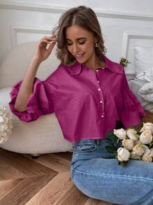 Aveloria Rosie Drop Bishop Sleeve Single Breasted Blouse   Old Money Style For Summer - Red - View 4