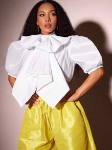 Vixey Exaggerated Bow Puff Sleeve Zip Up Woven Taffeta Top - White - View 3