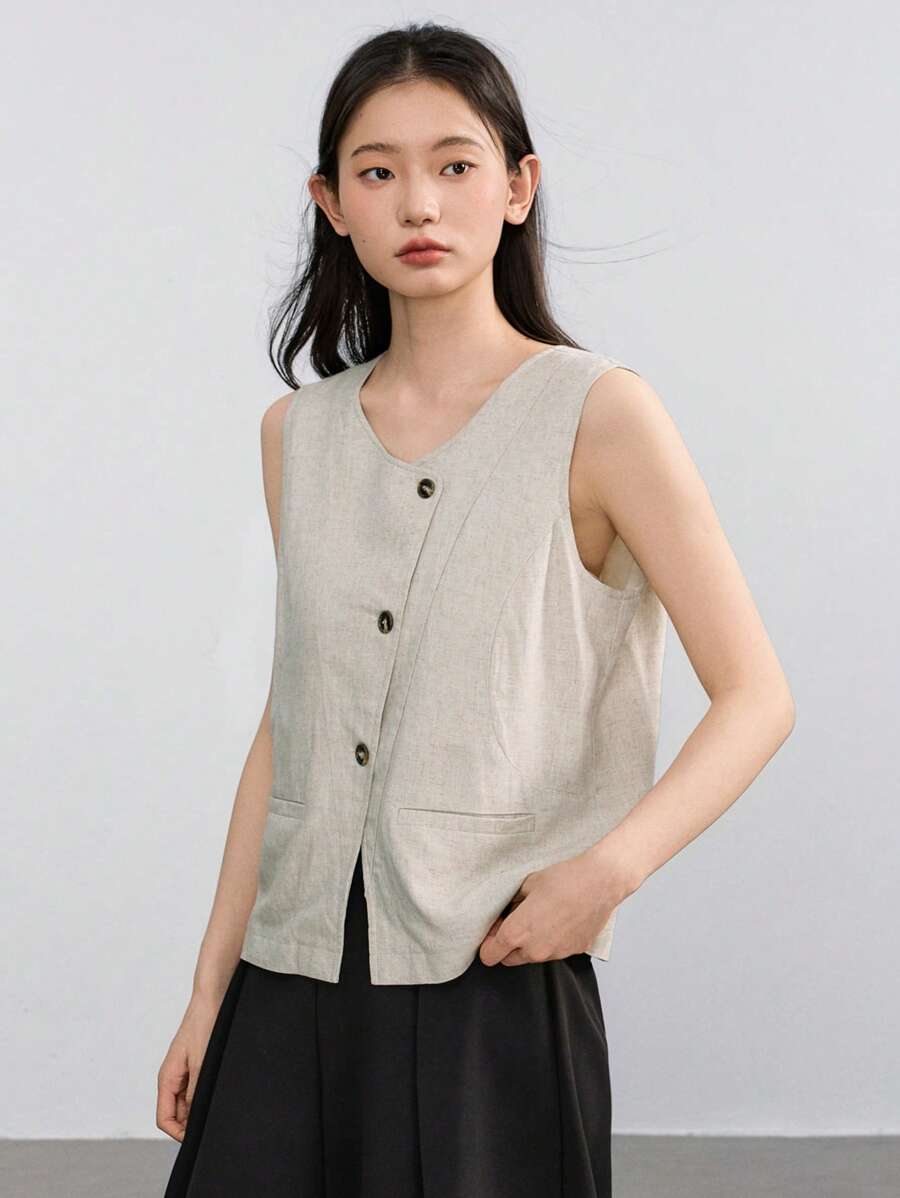 Dazy-Less 休闲商务设计斜扣门襟背心夹克，开叉下摆女式衬衫老式亚麻布 - 杏色 - 查看 1