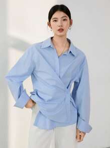 Dazy-Less Minimalist Asymmetric Button Design Solid Color Casual Long Sleeve Women Shirt,Fall Women Clothes Business Casual Woman Work Clothes - Blue - View 7