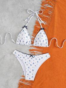 Swim Mod Women's Romantic Holiday Cute Blue & White Porcelain Ditsy Floral Print Triangle Bikini Set , For Summer Beach Vacation - Multicolor - View 5