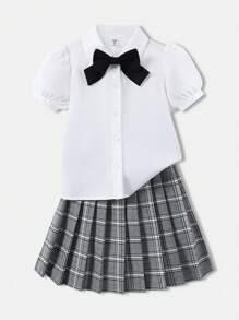 Tween Girl 休闲校园风格 2 件套 - 泡泡袖蝴蝶结衬衫上衣和灰色格子 A 字裙，夏季 - 灰色 - 查看 1