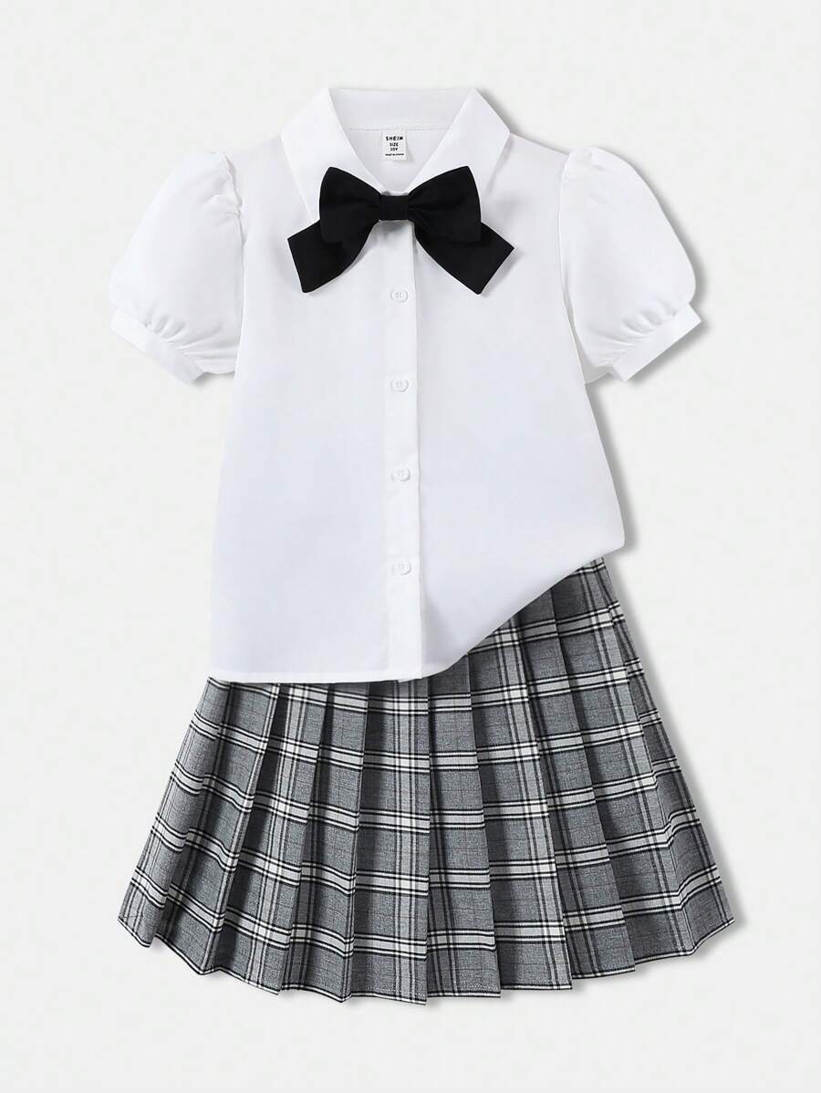 Tween Girl 休闲校园风格 2 件套 - 泡泡袖蝴蝶结衬衫上衣和灰色格子 A 字裙，夏季 - 灰色 - 查看 1