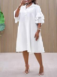 Slaydiva Women Solid Color Simple Casual Beach Short Sleeve Layered Ruffle Sleeve Shirt, Uneven Hem Mid-Length Dress,Graduation Dress - White - View 8