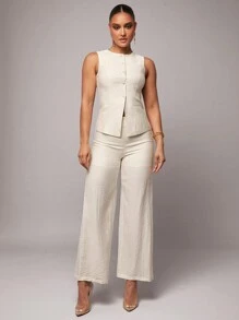 Silquee Women Summer Solid Color Single-Breasted Vest & Pants Suit Office Commuting Set, Autumn/Winter Suit, Spring/Summer Linen Tops + Trousers