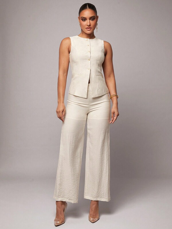 Silquee Women Summer Solid Color Single-Breasted Vest & Pants Suit Office Commuting Set, Autumn/Winter Suit, Spring/Summer Linen Tops + Trousers