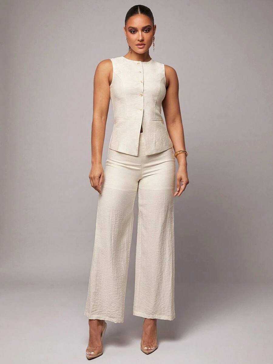 Silquee Women Summer Solid Color Single-Breasted Vest & Pants Suit Office Commuting Set, Autumn/Winter Suit, Spring/Summer Linen Tops + Trousers